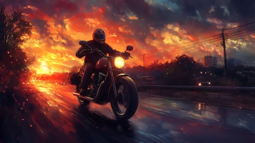 Motorcyclist rides on wet highway under fiery sunset sky.