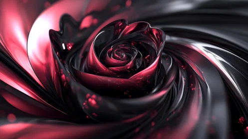 Glossy obsidian rose swirling in neon crimson stormlight.