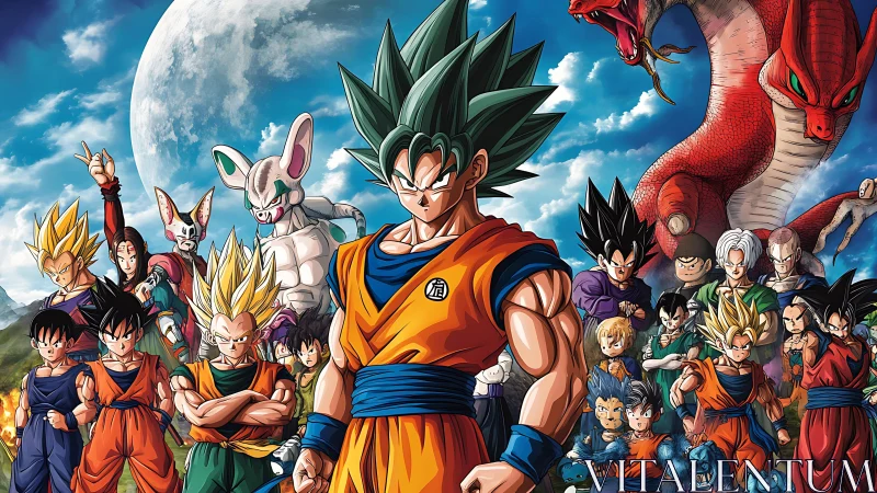 Legendary anime heroes gather under a glowing full moon.