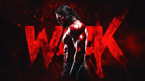 Muscular male fighter stands shirtless before red WAR text