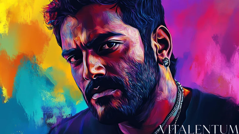 Intense bearded portrait glowing in vivid neon strokes.