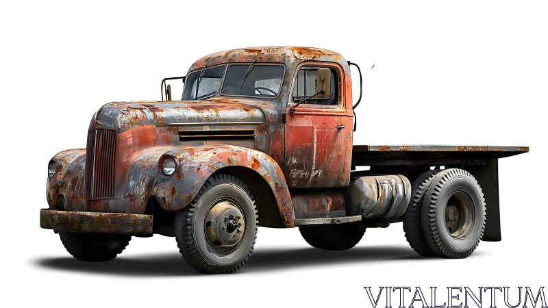 Rusted vintage flatbed truck stands isolated on white