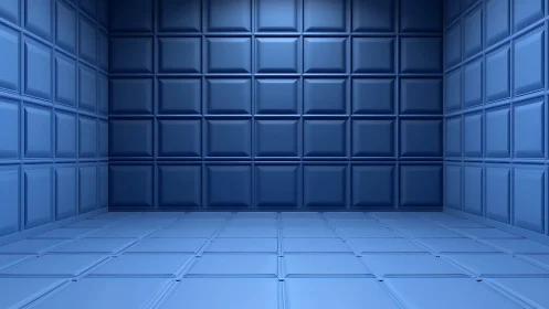 Blue padded geometric room with repeating square panels.