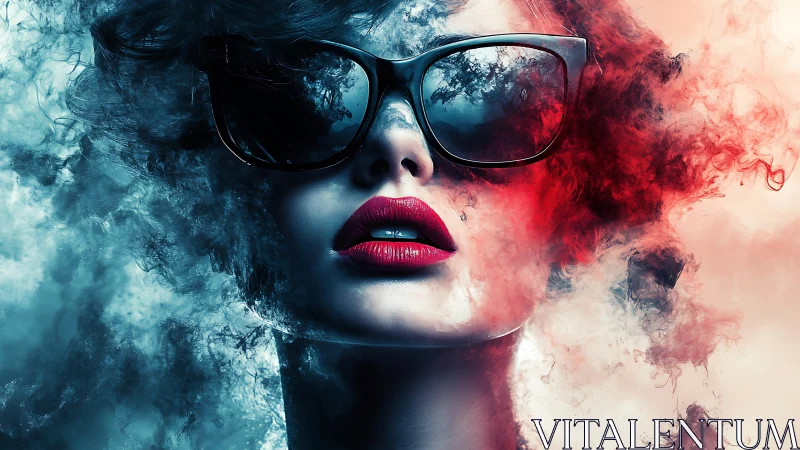 Woman in sunglasses framed by blue and red smoke textures.