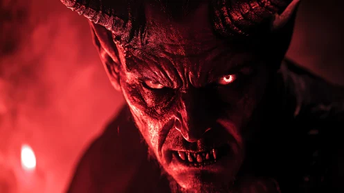 Demonic horned figure in red light with glowing eyes.