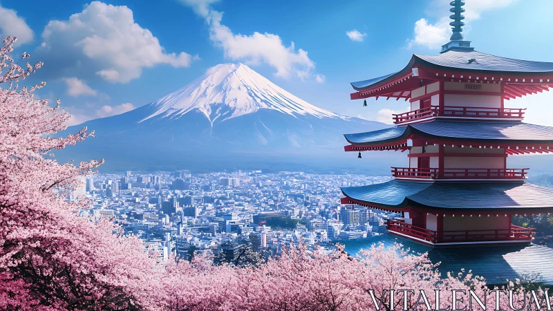 Spring pagoda view over city beneath snowcapped mountain.
