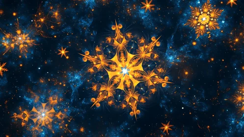 Fractal orange starbursts in deep blue cosmic space field.