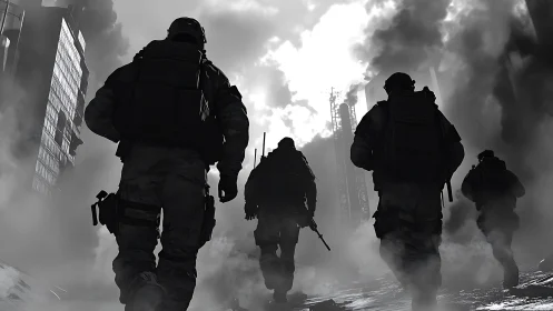 Tactical unit advances through war-torn urban smokefield.