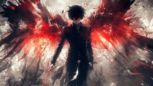 Dark figure with red abstract wings in blurred environment.