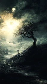 Solitary wanderer under moonlit storm sky on dark path.