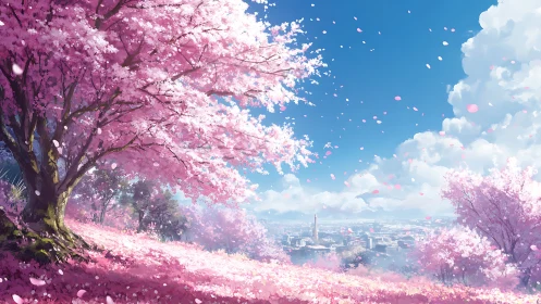 Cherry blossom hillside above distant spring cityscape.
