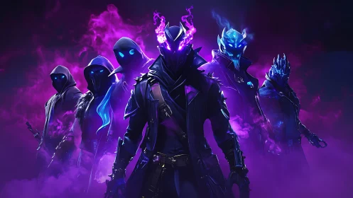 Shadowy neon warriors emerge from violet spectral fog.