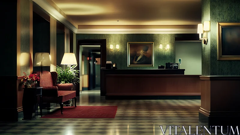 Dimly lit vintage hotel lobby shows quiet reception desk