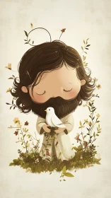 Digital painting of serene child figure embracing white dove.