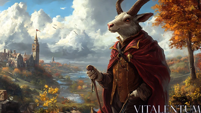 Gallant goat wanderer surveying an amber river kingdom.