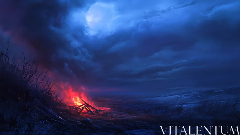 Nocturnal Campfire Beneath Tempestuous Storm Clouds.