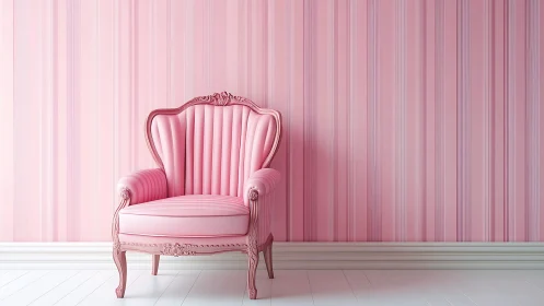 Classical pink armchair anchors a minimalist striped interior