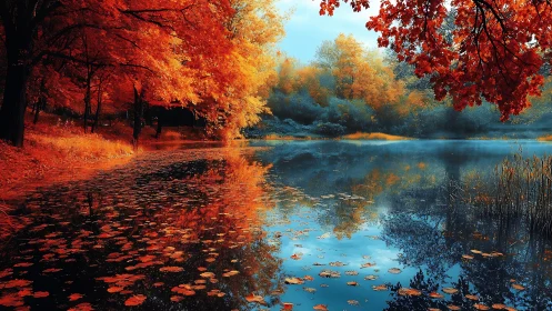 Fiery autumn trees frame a tranquil reflective lakeside scene.