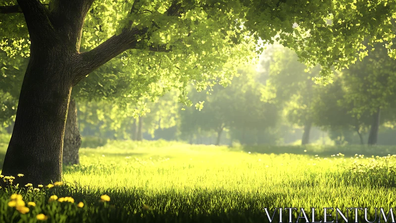 Backlit meadow tree in luminous spring woodland composition.