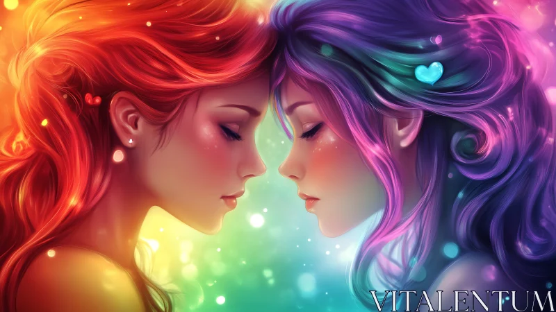 Two luminous figures merge through iridescent light spectrum.