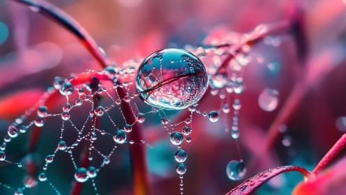 Macro refraction on dew-laced web over magenta foliage.