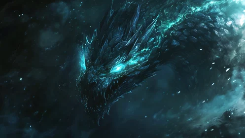 Glacial dragon erupts from swirling cosmic froststorm.