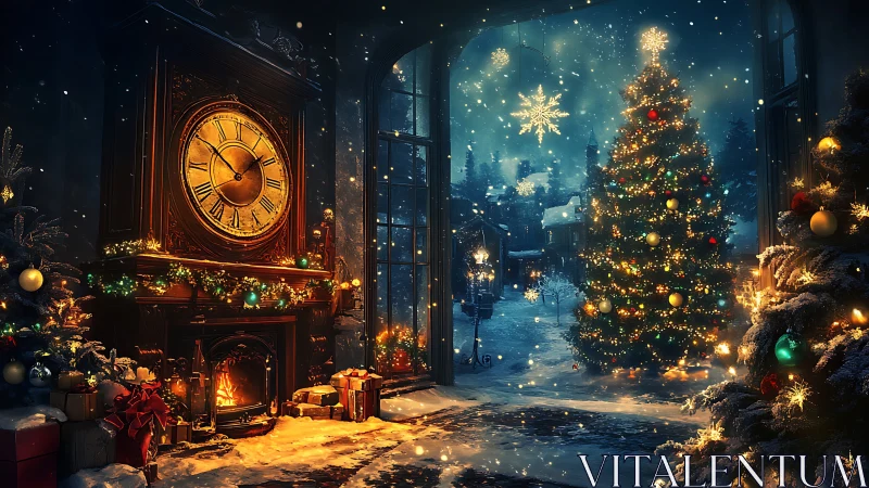 Midnight Christmas hearth and snowy village vista aglow.
