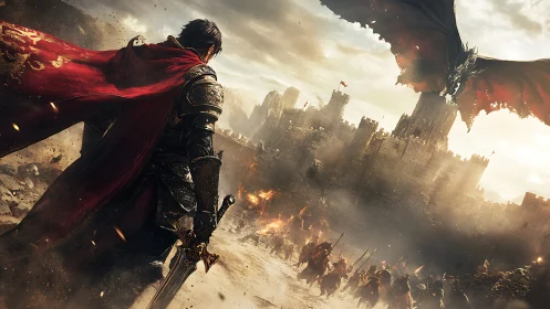 Armored warrior confronts fire dragon above besieged citadel.