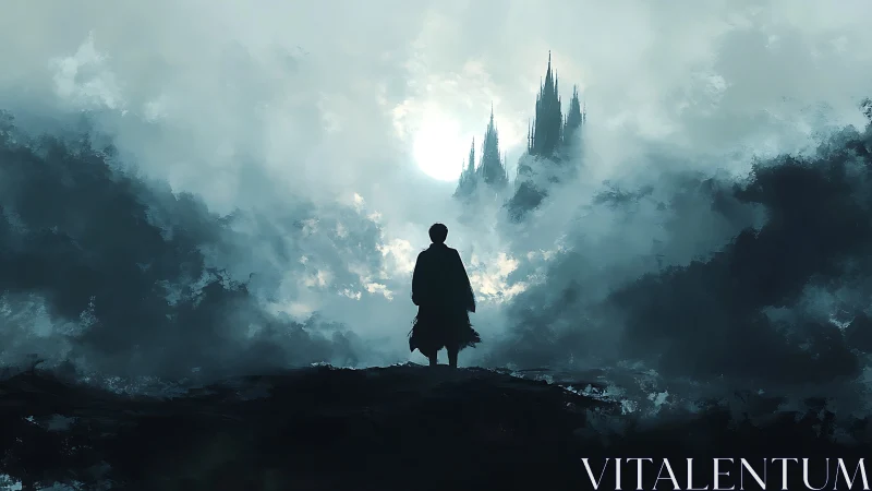 Lone figure facing distant castle in dense mountain fog.
