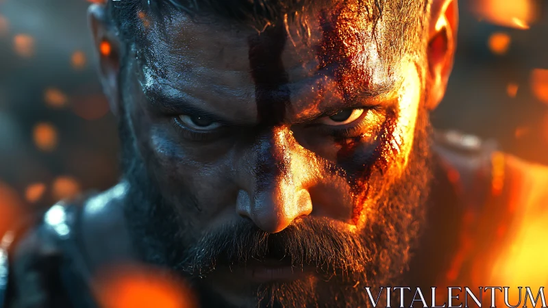 Burning warrior gaze holds fierce determination in battle light