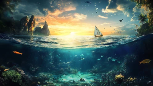 Sailboat and coral reef viewed across ocean surface boundary.