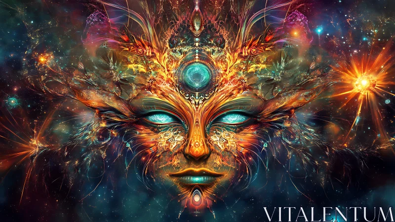 Celestial spirit face glowing with swirling cosmic colors.