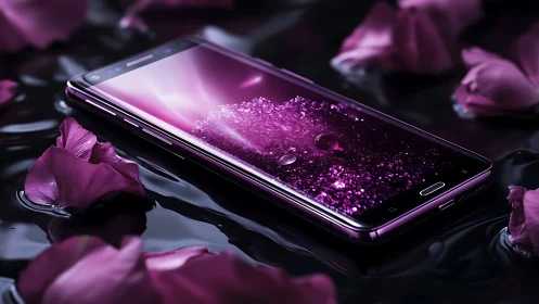 Iridescent magenta smartphone on wet surface with petals