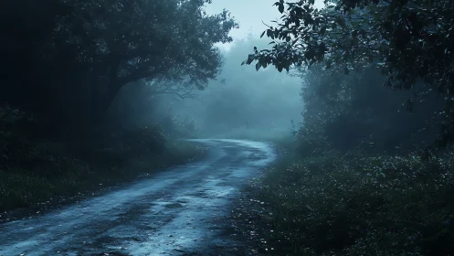 Moonlit forest road curves through dense midnight fog.