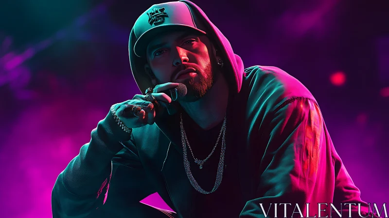Digital neon rapper portrait under vivid stage lights.
