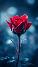 Luminous Red Rose Against Cool Blue Serenity.