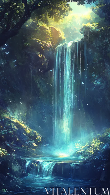 Luminous forest waterfall cascading into glowing blue pool.