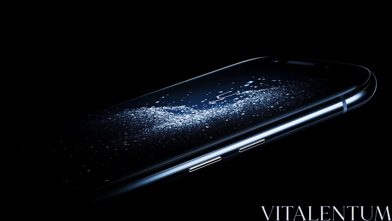 Curved smartphone display showcases luminous galaxy particles.