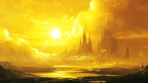Radiant celestial citadel under intense golden atmospheric glare