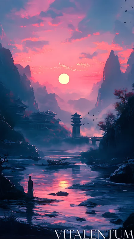 Solitary wanderer observes neon dusk over river valley
