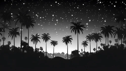 Monochrome palm tree silhouettes under dense, high-contrast starlit sky