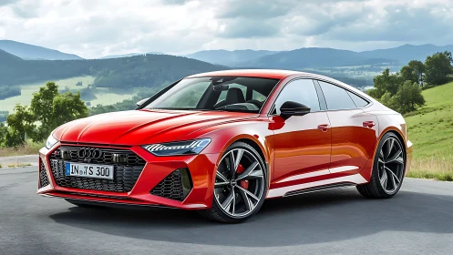 Audi sport sedan gleams against rolling countryside backdrop.
