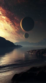 Dual planets hover above alien coastline in cinematic light