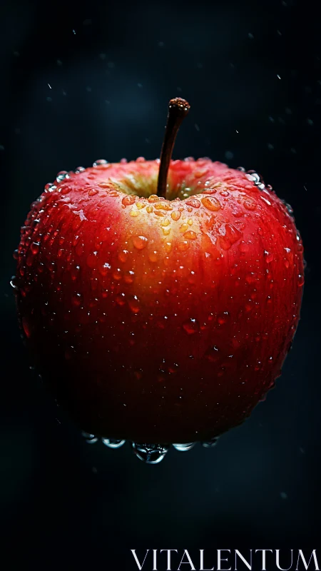Glistening red apple floating in a quiet midnight drizzle.