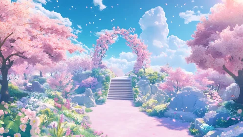 Cherry blossom stairway under bright spring sky.