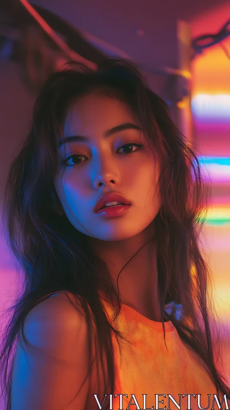 Neon lit portrait of young woman in vivid studio light.