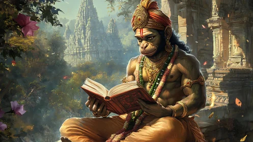 Mythic simian sage reading amid ornate temple ruins.