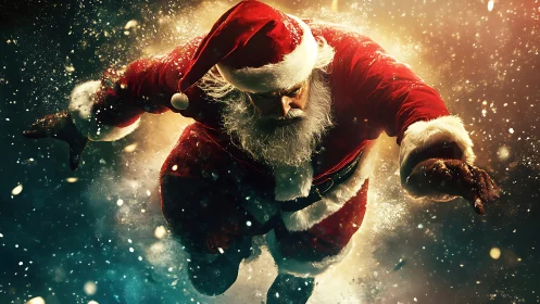 Flying Santa Claus surges through glowing winter snowfall