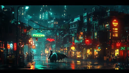 Caped figure stands in neon city street under heavy rain