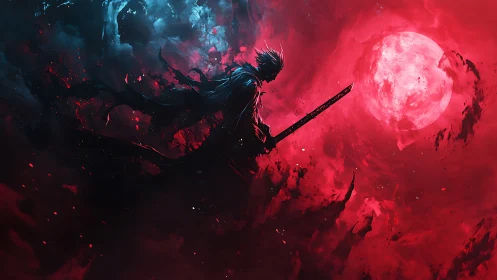 Sword-wielding figure framed by red moon and dark clouds.